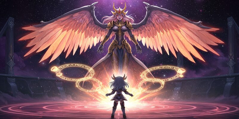DRAPLINE　宇宙的な力を持つクーリャに挑むクーちゃんの背中と、魔法陣が回転する最終戦闘