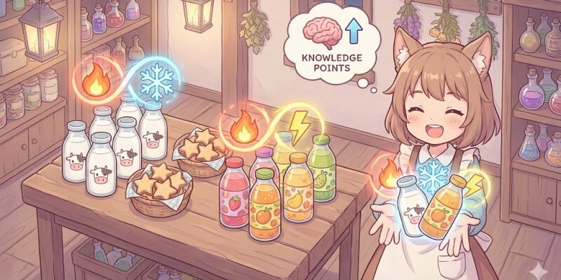 【冒険ダンジョン村2】序盤〜中盤は「300G食品で知識を伸ばす」「闇は専門素材で補う」の二段構えが最も効率的です。