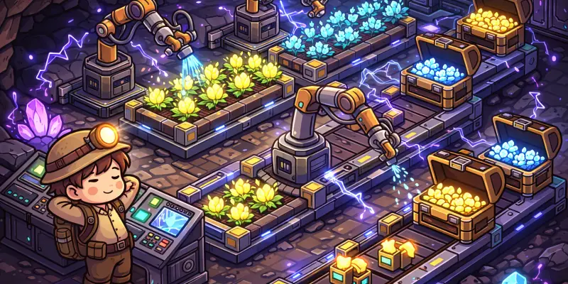 【コアキーパー】Void & Voltageで特に注目されているのが、電力を使った自動化システムです。
これまでの拠点は「作業をする場所」でしたが、アップデート後は仕組みを組んで動かす場所へと変わっていきます。