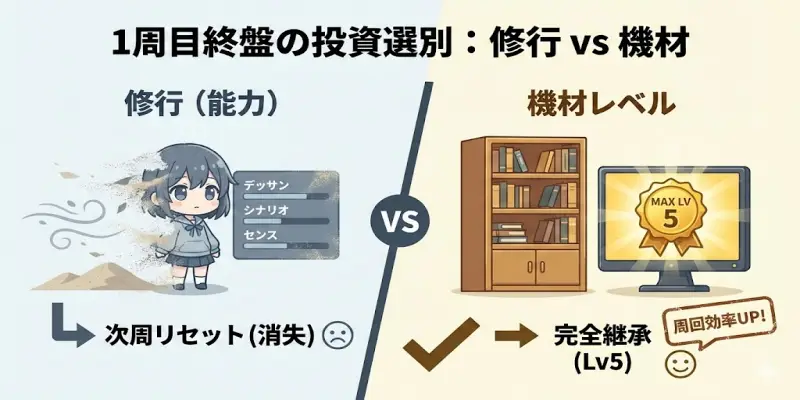 【まんが一本道〆】1周目終盤の投資選別論：なぜ「修行」ではなく「機材レベル」なのか？