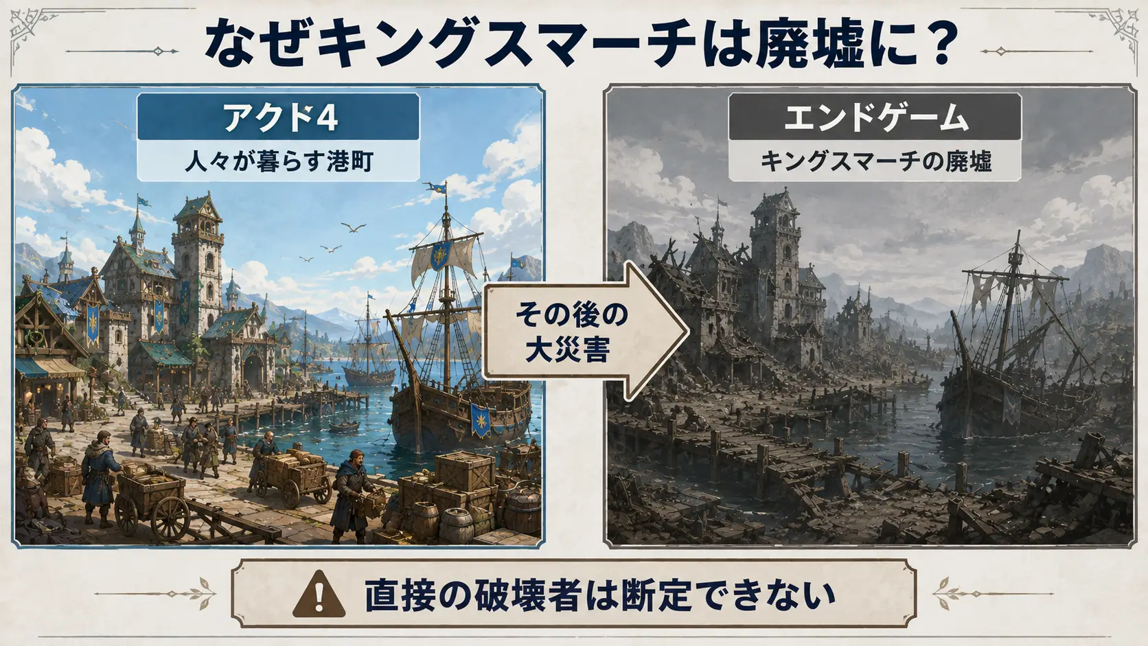 なぜエンドゲームでは「キングスマーチの廃墟」になっている？：PoE2アクト4の港町とエンドゲームのキングスマーチの廃墟を比較した図